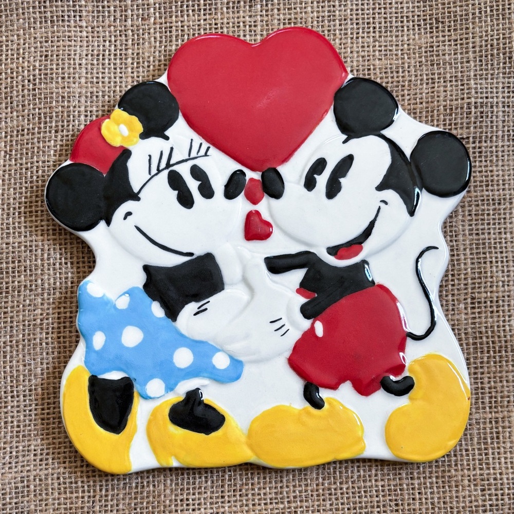 Vintage Disney + Treasure Craft Mickey Mouse And Minnie Ceramic Trivet Whimsical